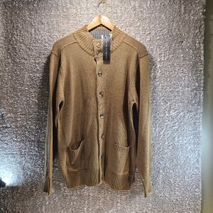 Oscar de la Renta Mens Knit Button Up Cardigan Pockets Brown Cotton Acrylic NWT
